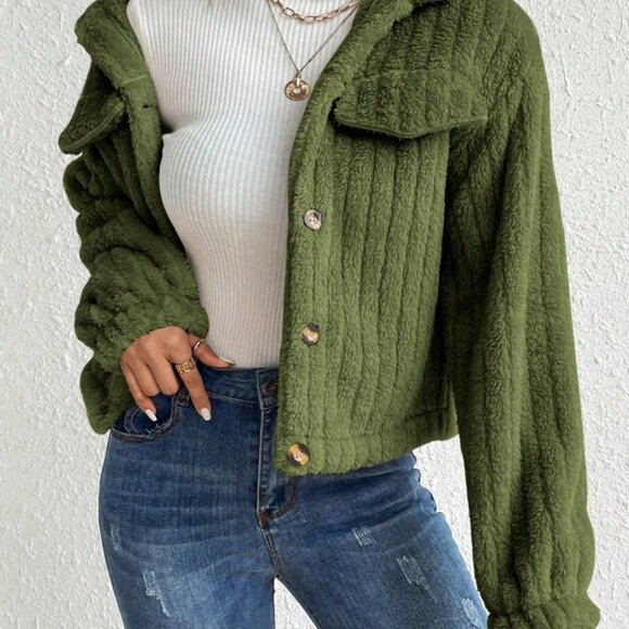 Army Green Casual Women's Long Sleeve Fluffy Jacket - Picture 4 of 7